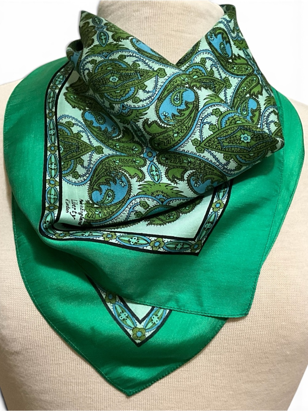 Vintage Liberty of London Scarf Green Blue Botanical Print England 23” - Picture 2 of 12